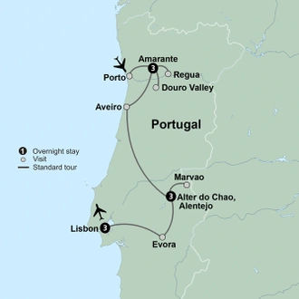 tourhub | Collette | Portugal's Old-World Charms featuring Douro Valley, Alentejo & Lisbon | Tour Map