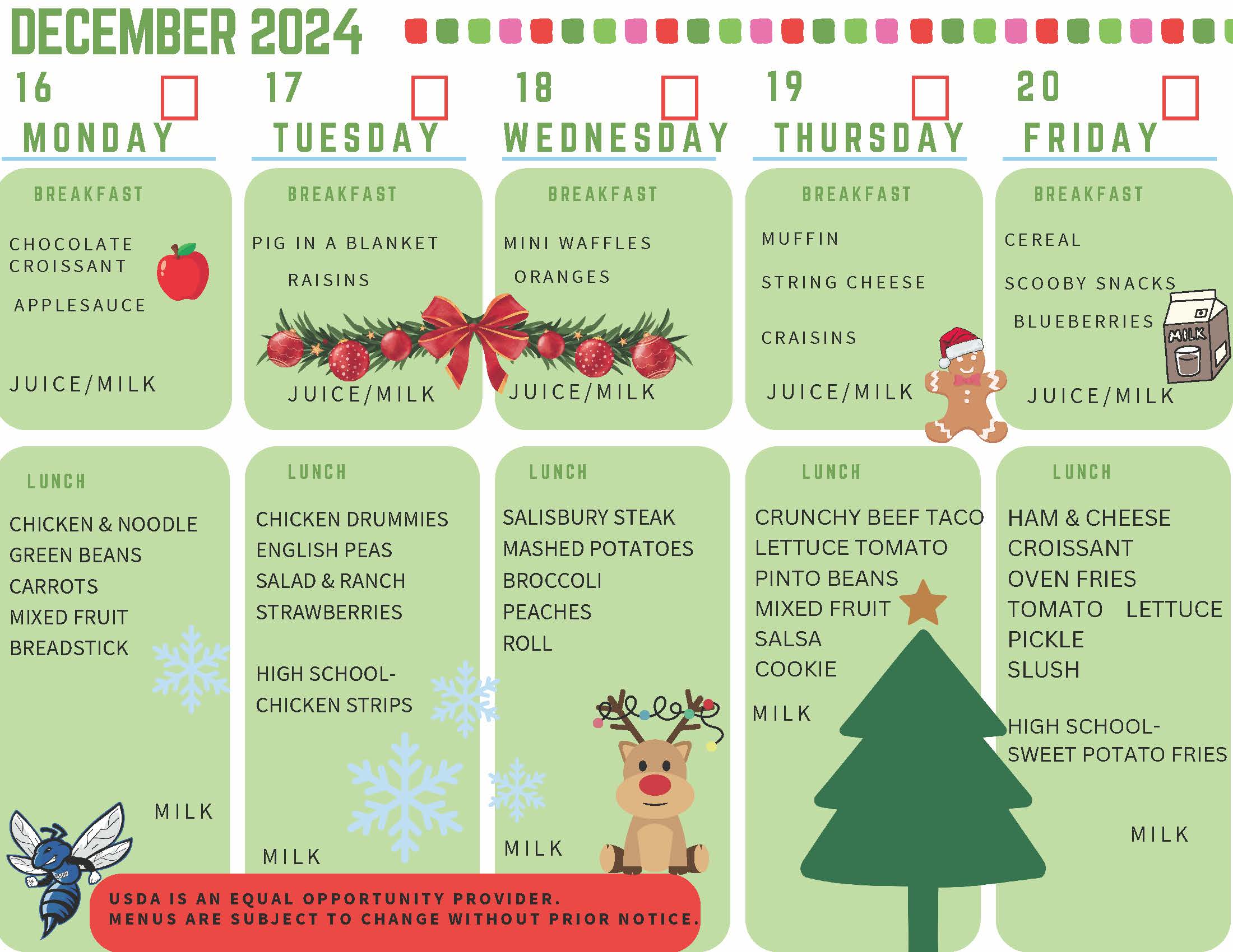 daily lunch menu on festive christmas background with Christmas clipart