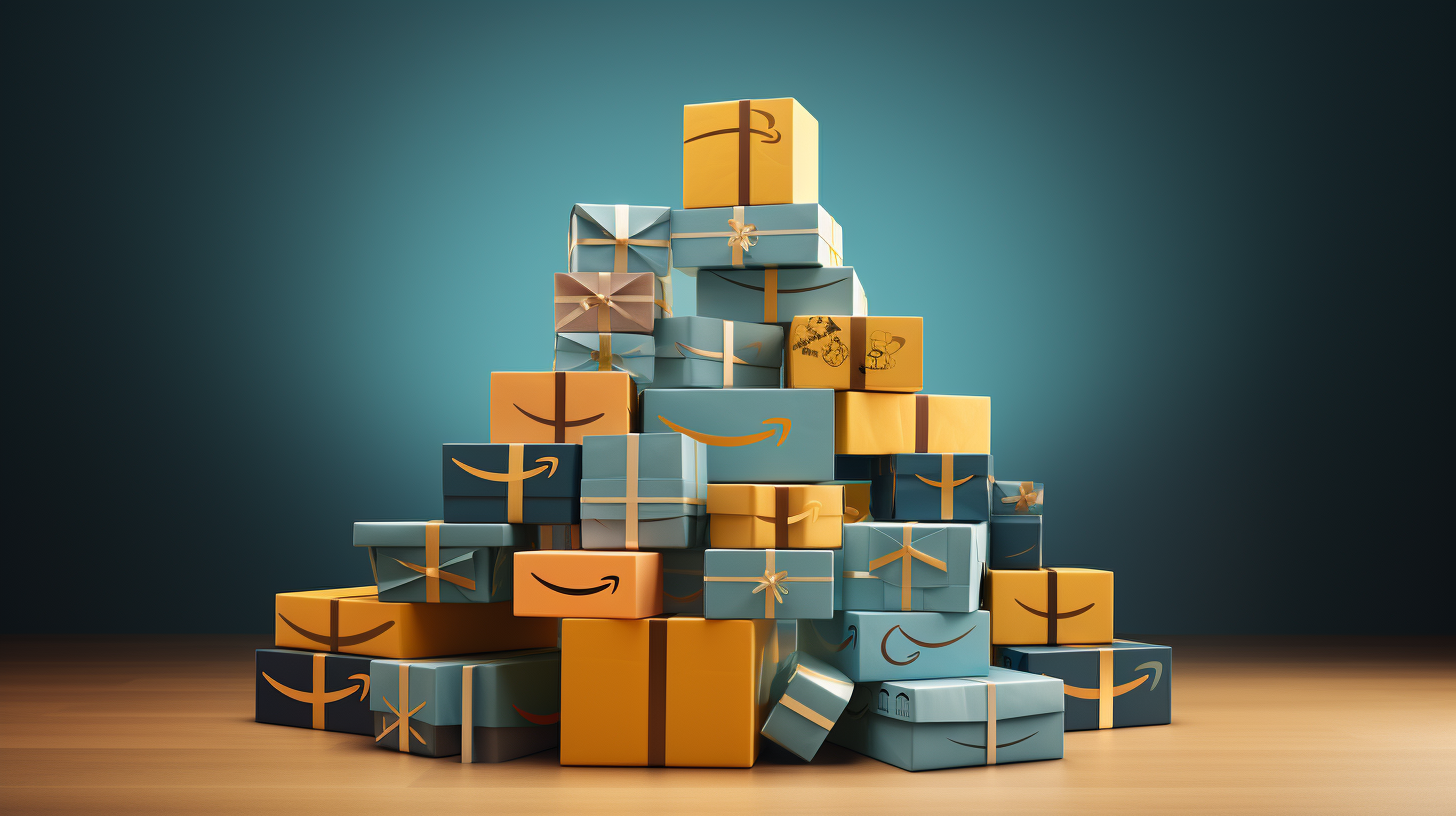 a stack of amazon packages on each other wrapped as gifts