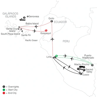 tourhub | Globus | Peru Splendors with Peru's Amazon & Galápagos Cruise | Tour Map
