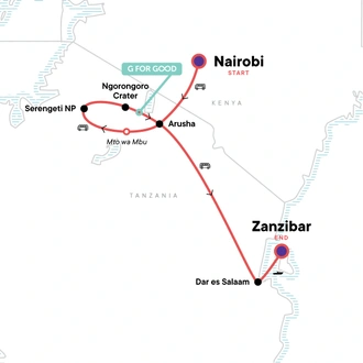 tourhub | G Adventures | Nairobi to Zanzibar: Serengeti & Sunsets | Tour Map