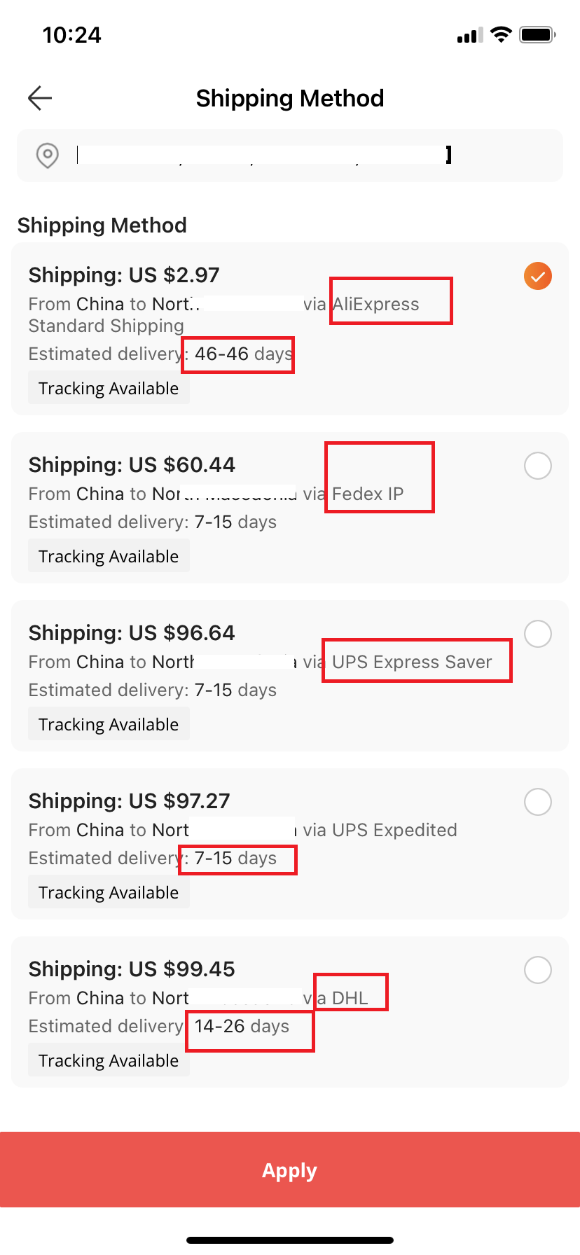 aliexpress shipping options