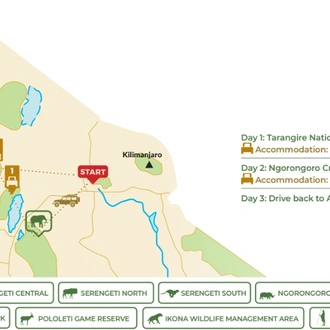 tourhub | Beach and Safari Holidays | From Arusha: 3-Day Game Drive Tarangire & Ngorongoro Crater | Tour Map