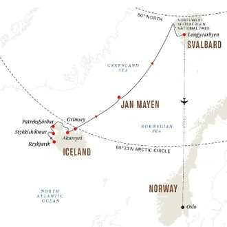 tourhub | HX Hurtigruten Expeditions | Arctic Islands Discovery | Iceland, Jan Mayen & Spitsbergen: Eastbound | Tour Map