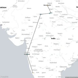 tourhub | Jee Tours | 12-Day Golden Triangle Tour With Goa & Mumbai From Delhi | Tour Map