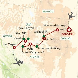 tourhub | Saga Holidays | USA National Parks from Denver to Vegas | Tour Map