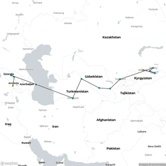 tourhub | Crooked Compass | Caspian Odyssey by Private Jet, Luxury Train &#038; Kyrgyzstan &#8211; LUXURY RAIL | Tour Map