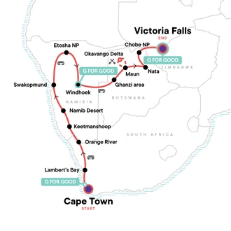 tourhub | G Adventures | Cape Town to Victoria Falls Adventure | Tour Map