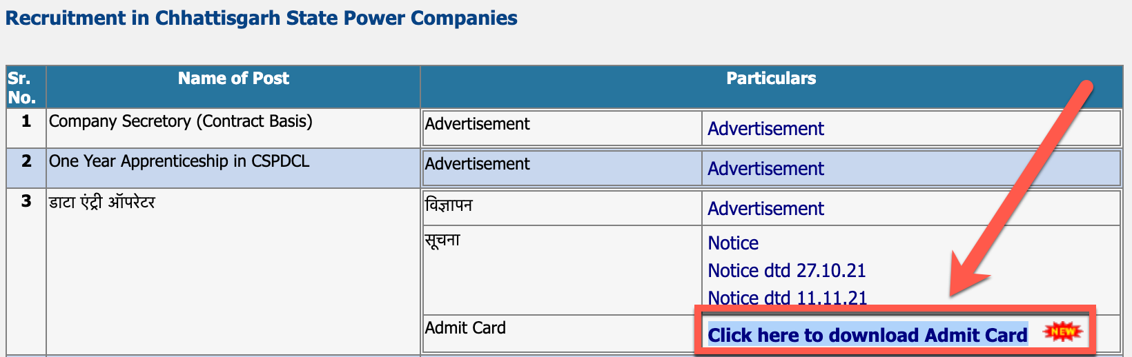 Click on Click here to download admit card