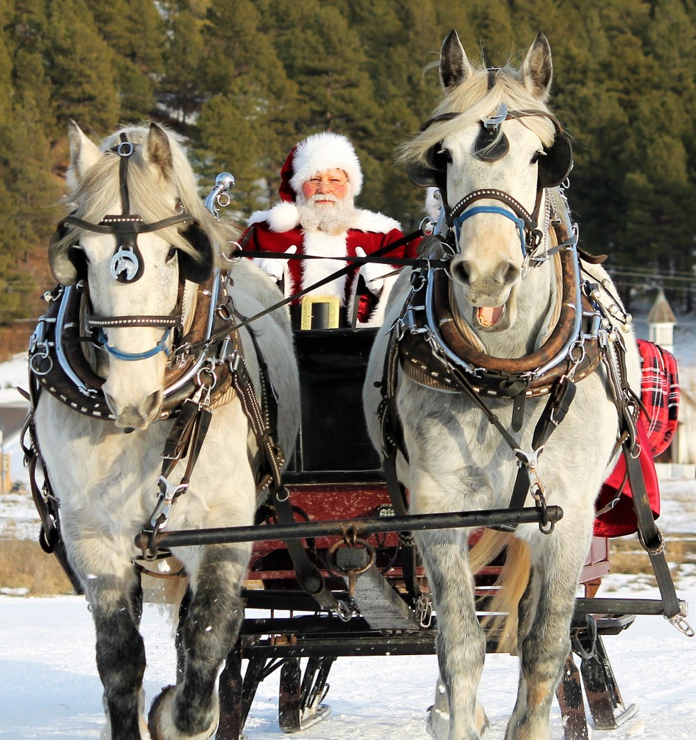 Santa driving a team of horses on a sleigh ride