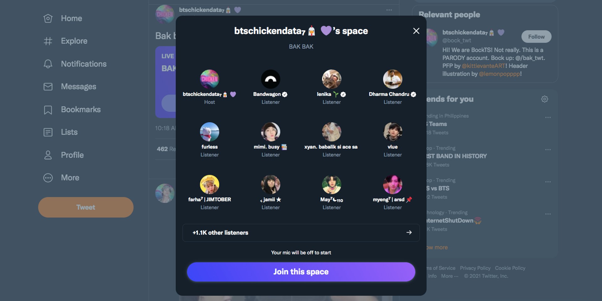 A "chicken" BTS ARMY hosted a Twitter Space "BAK BAK-ing" to BTS songs