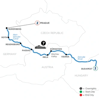 tourhub | Avalon Waterways | The Blue Danube Discovery with 2 Nights in Budapest & 2 Nights in Prague (Passion) | Tour Map