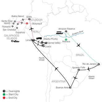 tourhub | Globus | South American Discovery with Brazil's Amazon & Galápagos Cruise | Tour Map