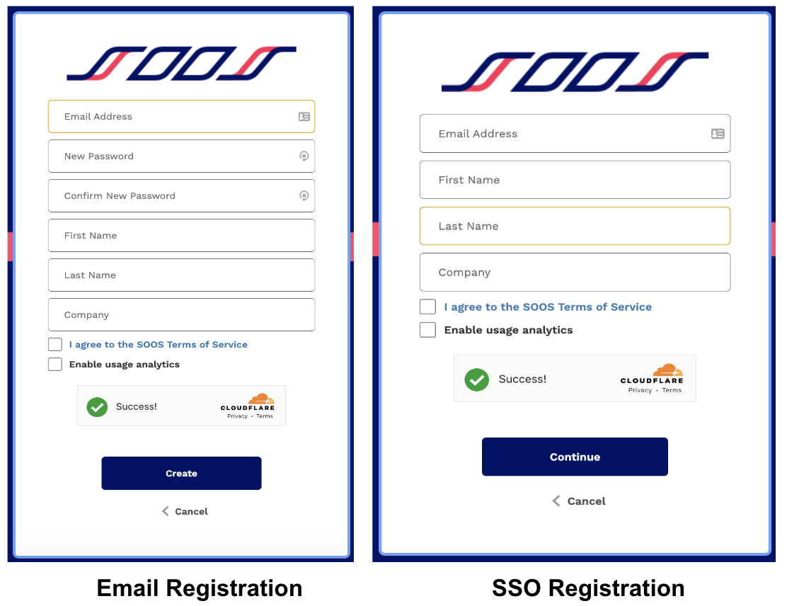 SOOS UI account registration windows for Email and SSO options