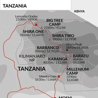 tourhub | Explore! | Kilimanjaro-Lemosho Trek + Safari Extension | Tour Map