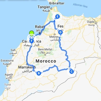 tourhub | Morocco Private Tours | 7 days Morocco Private Tour from Casablanca visiting Chefchaouen, Fes, Desert, Marrakech and more | Tour Map