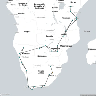 tourhub | Oasis Overland | Nairobi To Johannesburg (74 Days) Coast To Coast | Tour Map