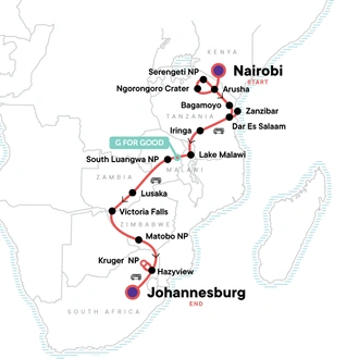 tourhub | G Adventures | East Africa to South Africa Overland Safari | Tour Map