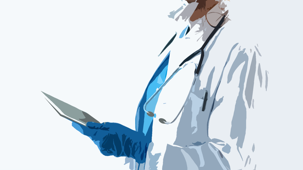 A doctor in facemask and gloves holds an electronic tablet.