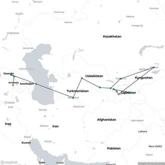 tourhub | Crooked Compass | Caspian Odyssey by Private Jet, Luxury Train &#038; Tajikistan &#8211; LUXURY RAIL | Tour Map