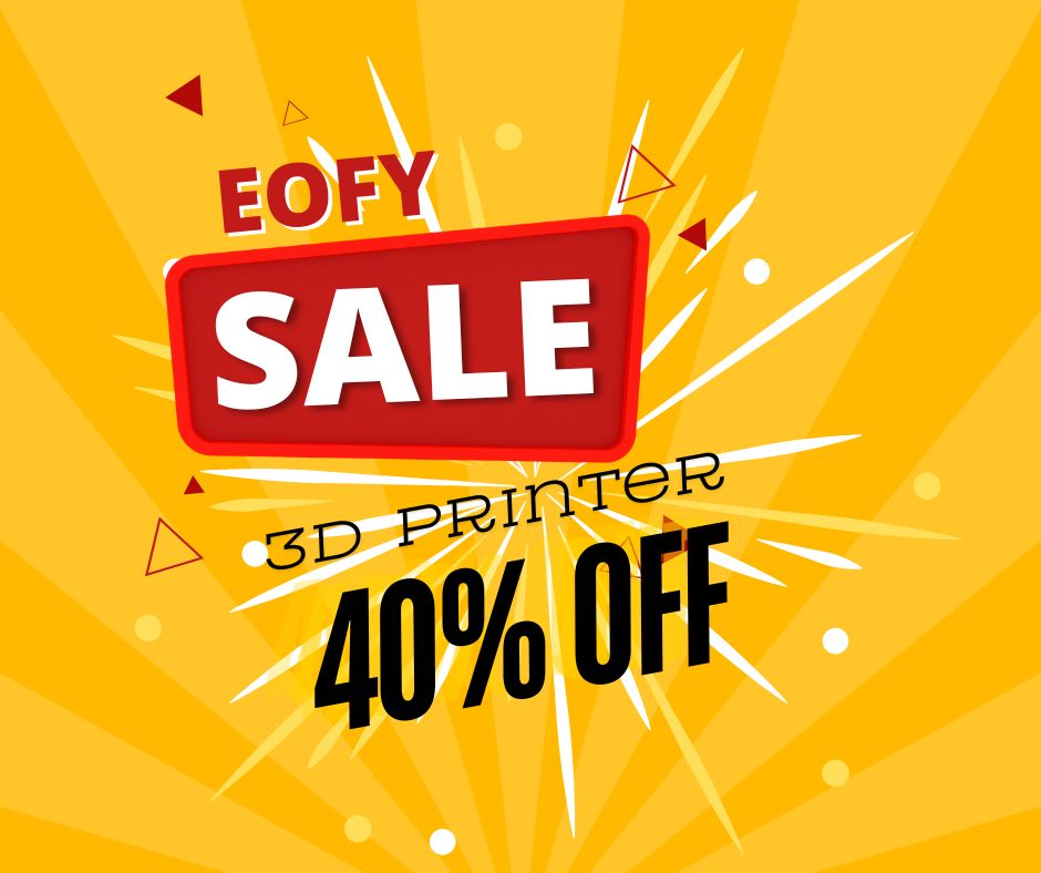 Vibrant sale advertisement with bold text and dynamic background, promoting a significant discount on 3D printers.