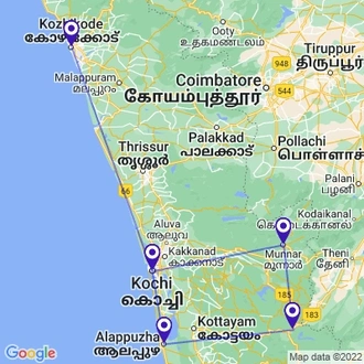tourhub | UncleSam Holidays | Romantic Kerala | Tour Map
