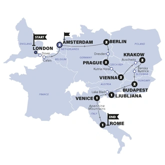 tourhub | Contiki | London to Rome Trail | Start London | Summer | 2024 | Tour Map