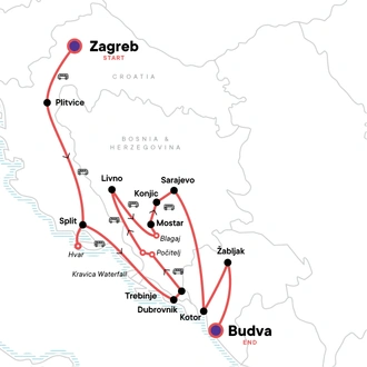 tourhub | G Adventures | Croatia to Montenegro: Nightlife & National Parks | Tour Map