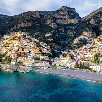 Aerial View of Positano, Travel destination on the Amalfi coast, Southern Italy