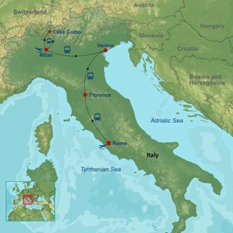 tourhub | Indus Travels | Rome Florence Venice Milan and Lake Como by Rail | Tour Map