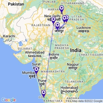 tourhub | Panda Experiences | North India Tour with Goa | Tour Map