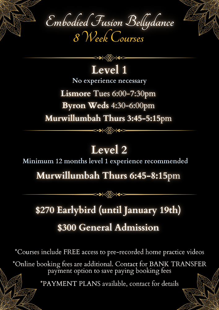 Embodied Fusion Bellydance 8 week course menu