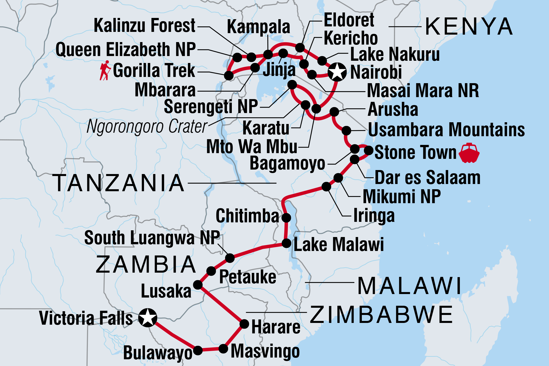 tourhub | Intrepid Travel | Vic Falls to Gorillas | Tour Map