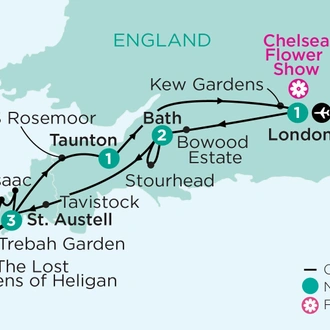 tourhub | APT | Aspects of England, with Somerset, Cornwall and Chelsea Flower Show | Tour Map