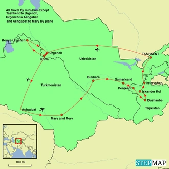 tourhub | Undiscovered Destinations | Uzbekistan, Tajikistan, Turkmenistan - Heart of the Silk Road | Tour Map