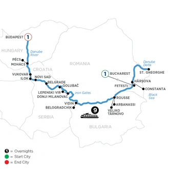 tourhub | Avalon Waterways | The Danube from Romania to Budapest with 1 Night in Bucharest and 1 Night in Budapest (View) | Tour Map