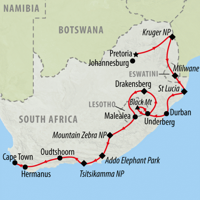 tourhub | On The Go Tours | South Africa, Eswatini & Lesotho - 20 days | Tour Map