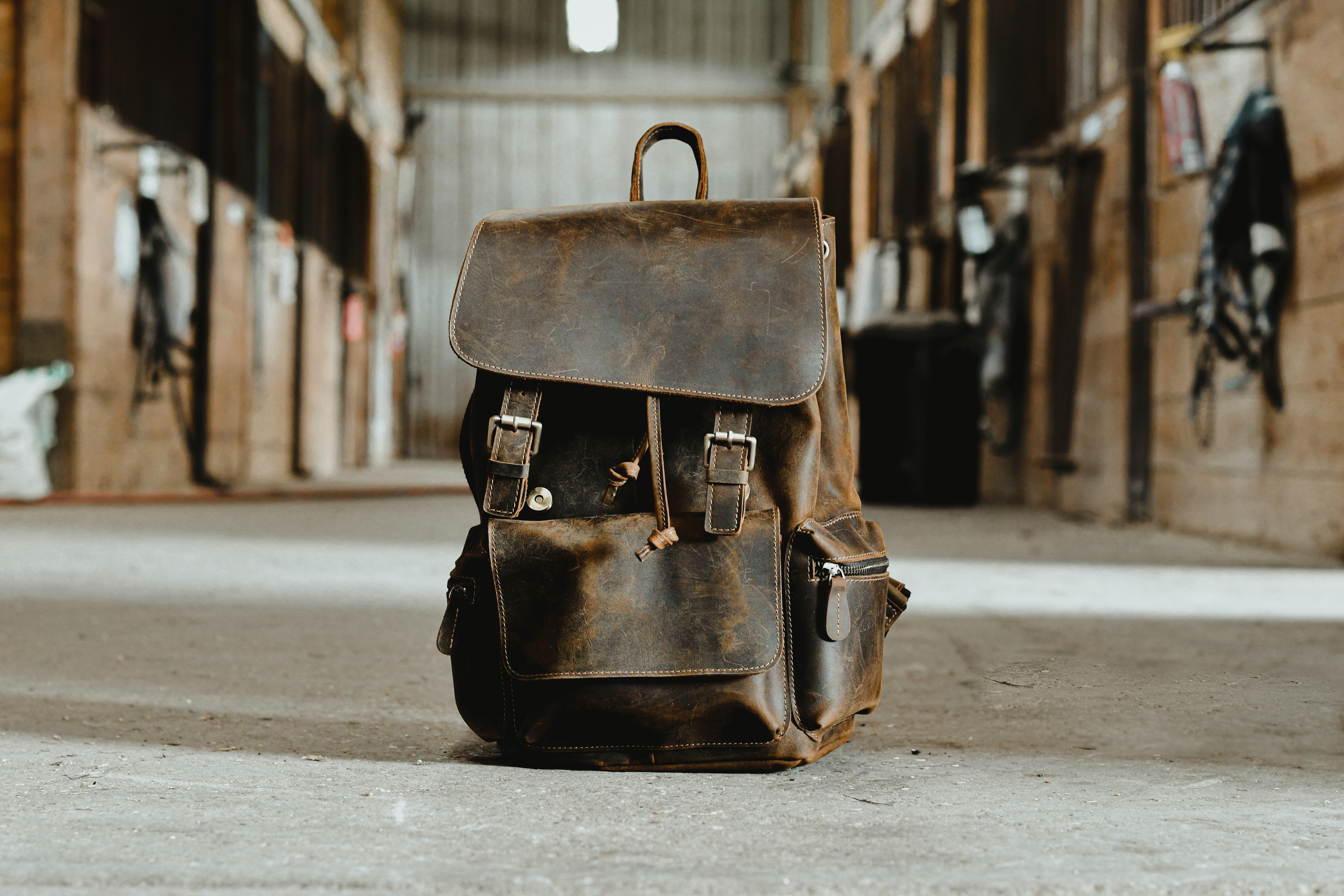 leather travel bag opening into two equal parts