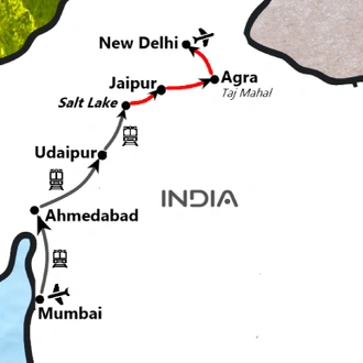 tourhub | TTI Tours | Mumbai Ahmedabad Udaipur Jaipur Agra New Delhi Food Tour 12 Days | Tour Map