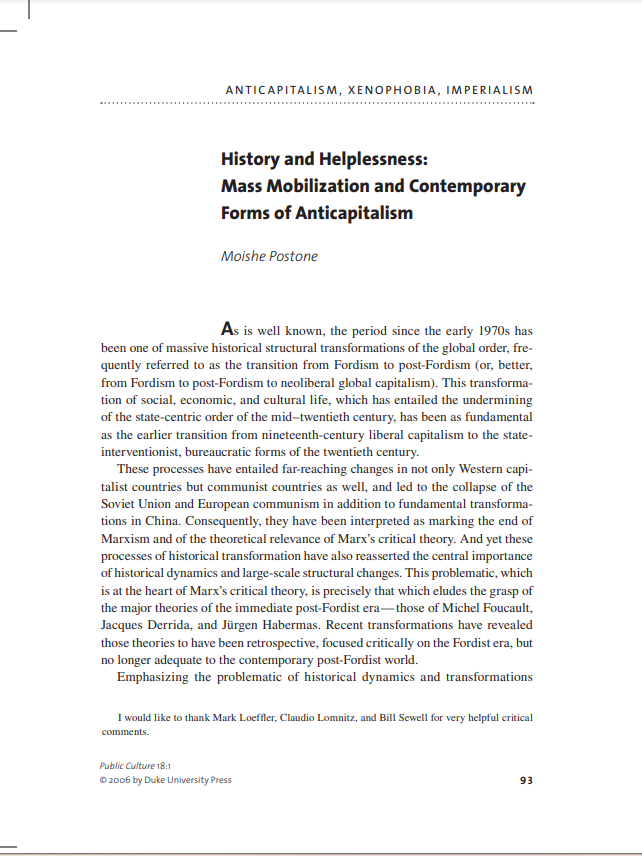 History and Helplessness: Mass Mobilization and Contemporary Forms of Anticapitalism