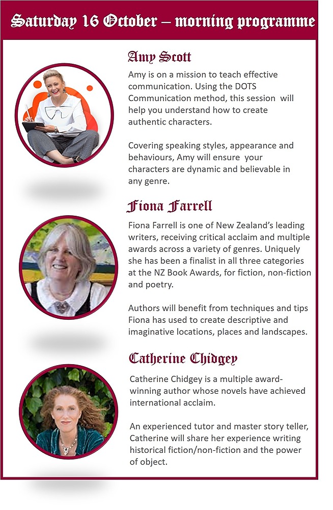 Saturday morning speaker profiles - Amy Scot, Fiona Farrell and Catherine Chidgey
