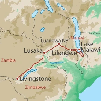 tourhub | World Expeditions | Livingstone's Africa - Zambia & Malawi Explorer | Tour Map