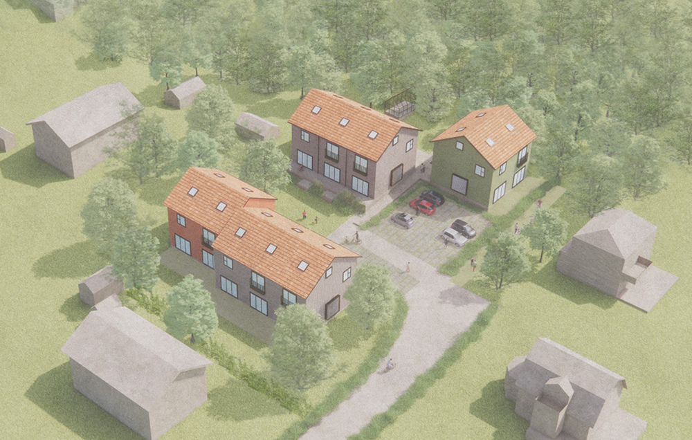 Vy över 10 radhus i projekt Lillskogen