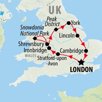 tourhub | On The Go Tours | Shakespeare, Snowdonia & Yorkshire (Hotel) - 5 days | Tour Map