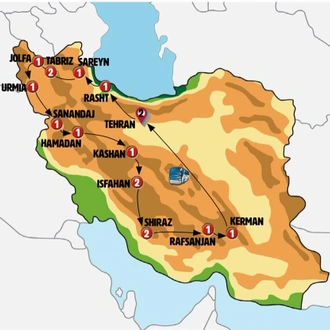 tourhub | Europamundo | Essences of Iran: From the Caspian Sea to Persepolis end Kerman | Tour Map