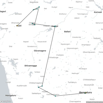 tourhub | Agora Voyages | Hubli to Badami, Hampi, Belur, Halebedu & Bangalore Tour | Tour Map