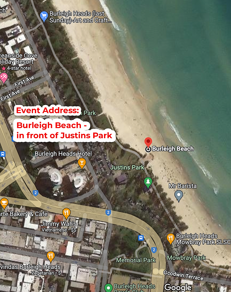Burleigh Beach – In front of Justins Park (see image below)