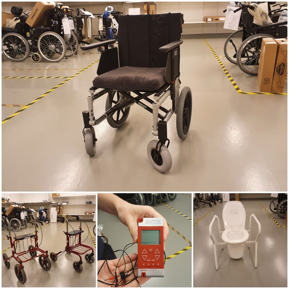 Collage med rullstol, rullatorer, tense-apparat och duschstol
