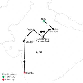 tourhub | Cosmos | India: Land of the Taj & Tigers with Udaipur & Mumbai | Tour Map