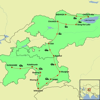 tourhub | Undiscovered Destinations | Tajikistan & Kyrgyzstan - Along the Pamir Highway Tour | Tour Map